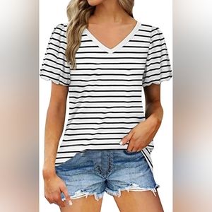 Zara TRF Short Sleeve V-Neck T-shirt Tee Top Black White Stripe size S